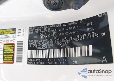 2015 Toyota Sienna Le 8 Passenger z USA, uszkodzony, nr VIN 5TDKK3DC4FS669144